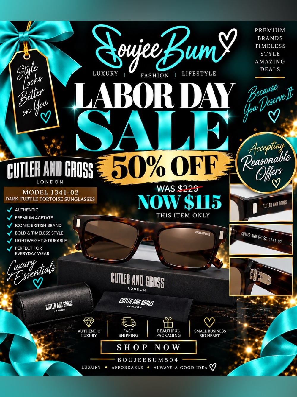 NEW Cutler & Gross 1341-02 Dark Turtle Tortoise Sunglasses
